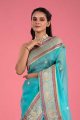 Sky Blue Ethnic Handwoven Organza Silk Saree - Chinaya Banaras