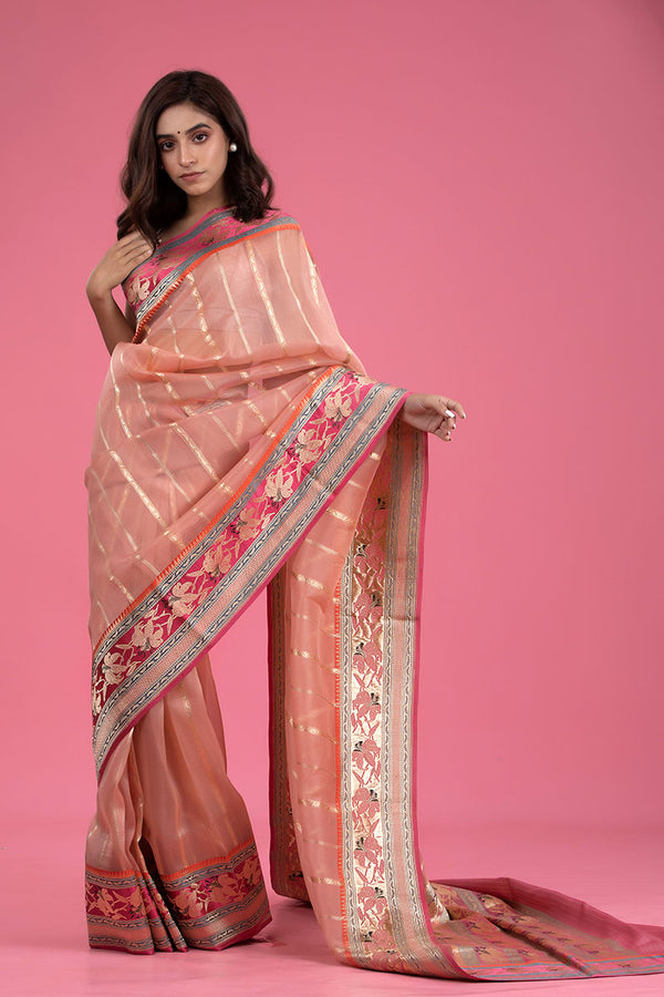 Women In Peach Striped Handwoven Organza Silk Saree At Chinaya Banaras