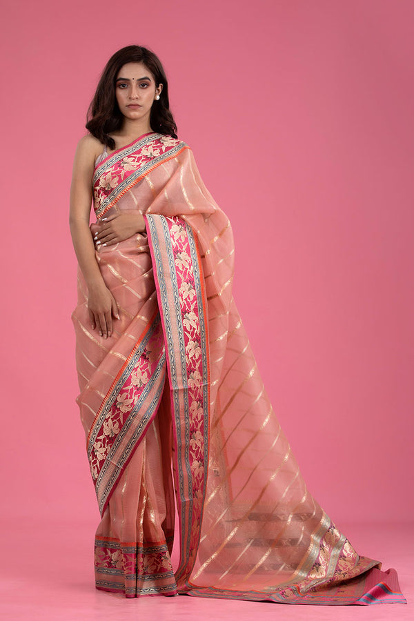 Pastel Peach Striped Handwoven Organza Silk Saree - Chinaya Banaras