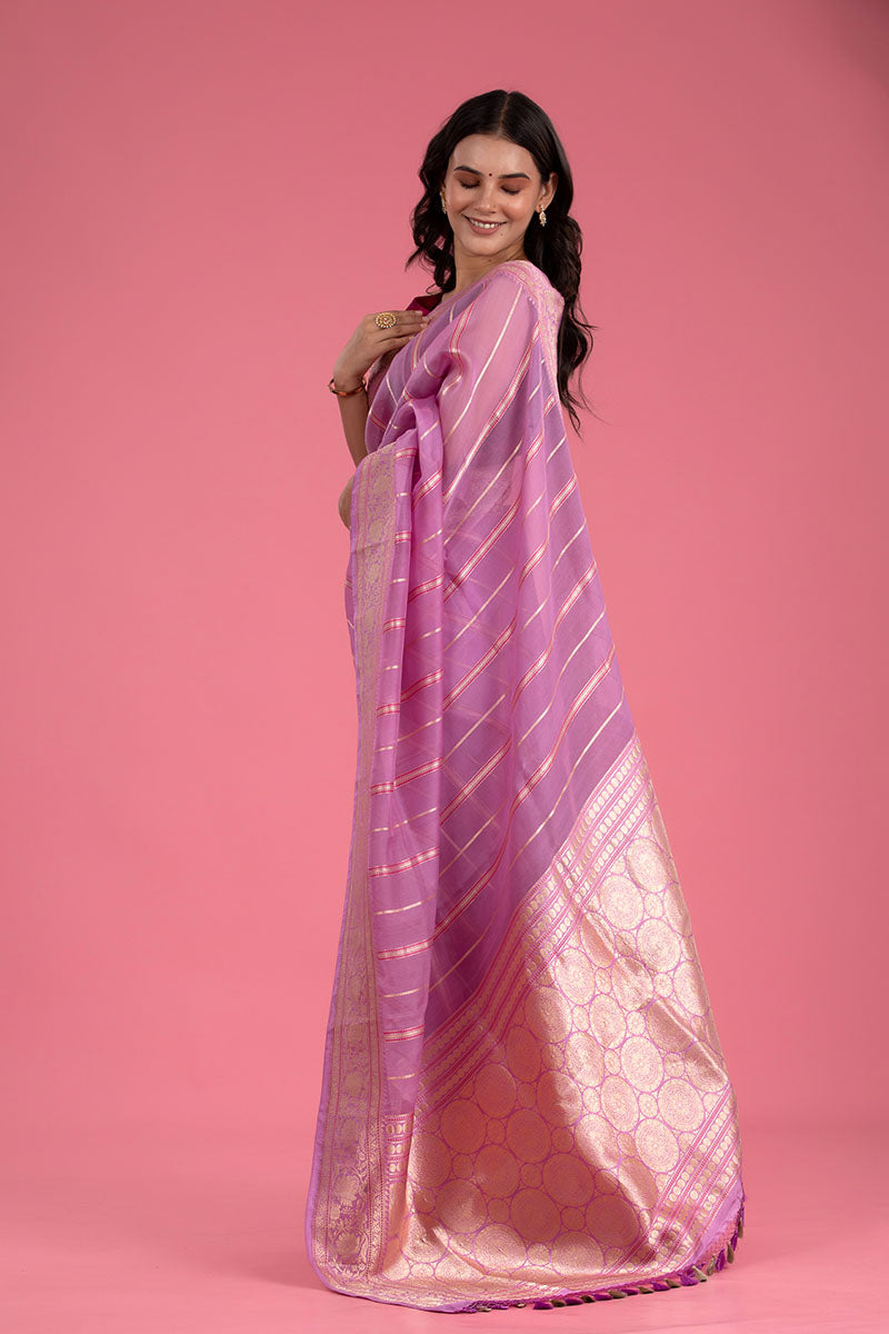Lilac Pink Striped Handwoven Organza Silk Saree - Chinaya Banaras