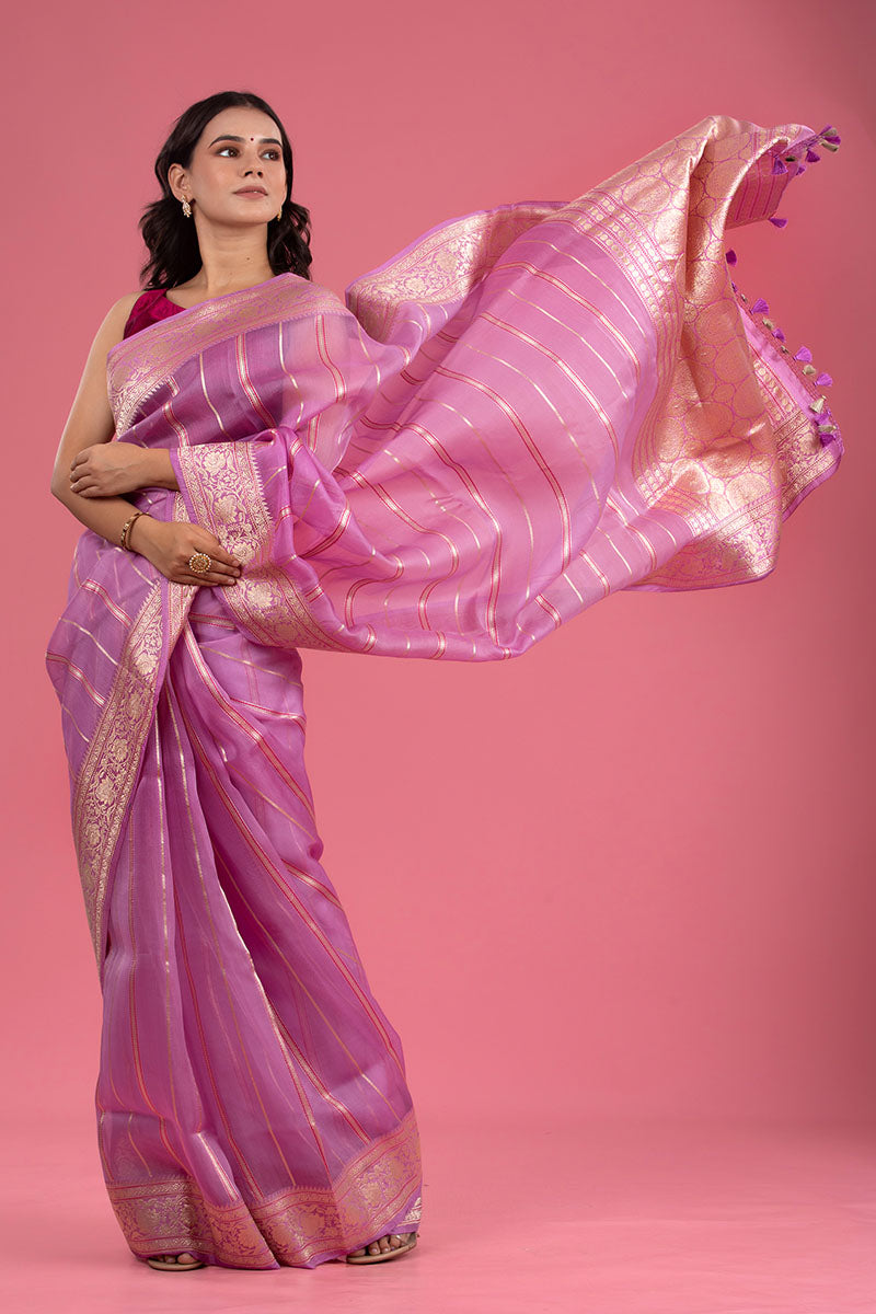 Lilac Pink Striped Handwoven Organza Silk Saree - Chinaya Banaras