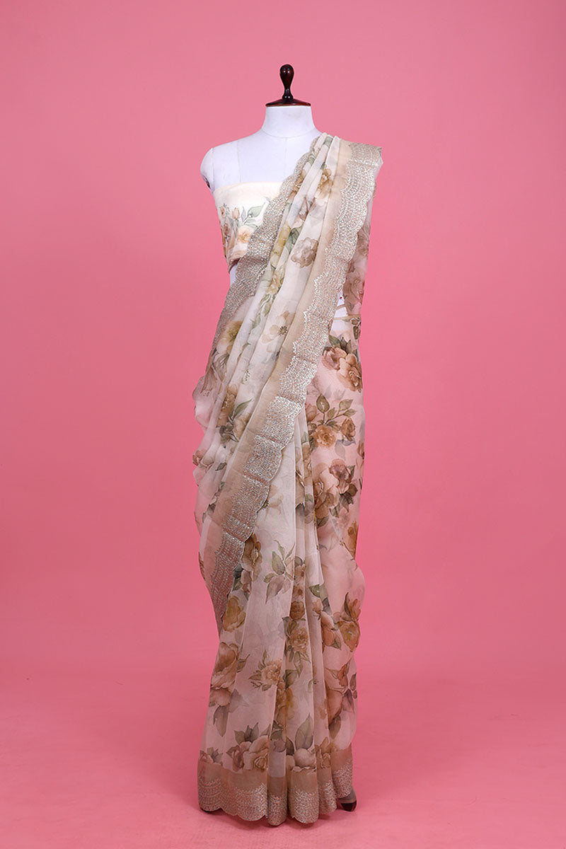 White & Sage Green Floral Printed Organza Silk Saree At Chinaya Banaras