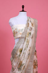 White & Sage Green Floral Printed Organza Silk Saree - Chinaya Banaras