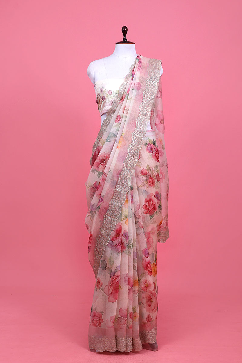 White & Pink Floral  Printed Organza Silk Saree By Chinaya Banaras