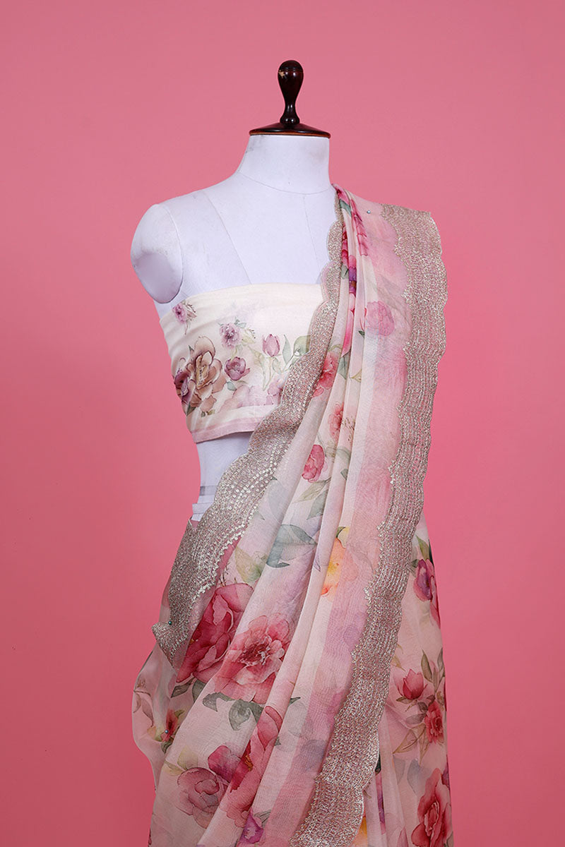 White & Pink Floral Printed Organza Silk Saree - Chinaya Banaras