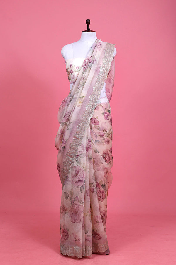 White & Lilac Floral Printed Organza Silk Saree By Chinaya Banaras
