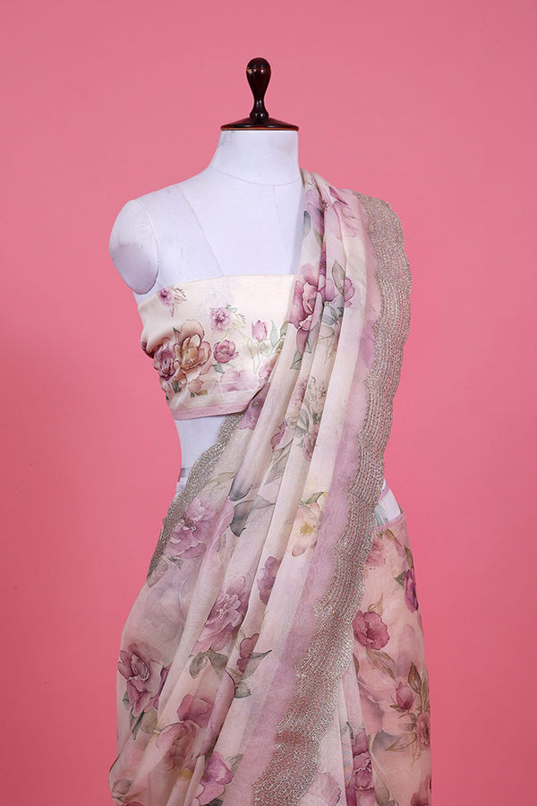 White & Lilac Floral Printed Organza Silk Saree - Chinaya Banaras