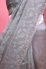 Ash Grey Embellished Organza Silk Saree - Chinaya Banaras