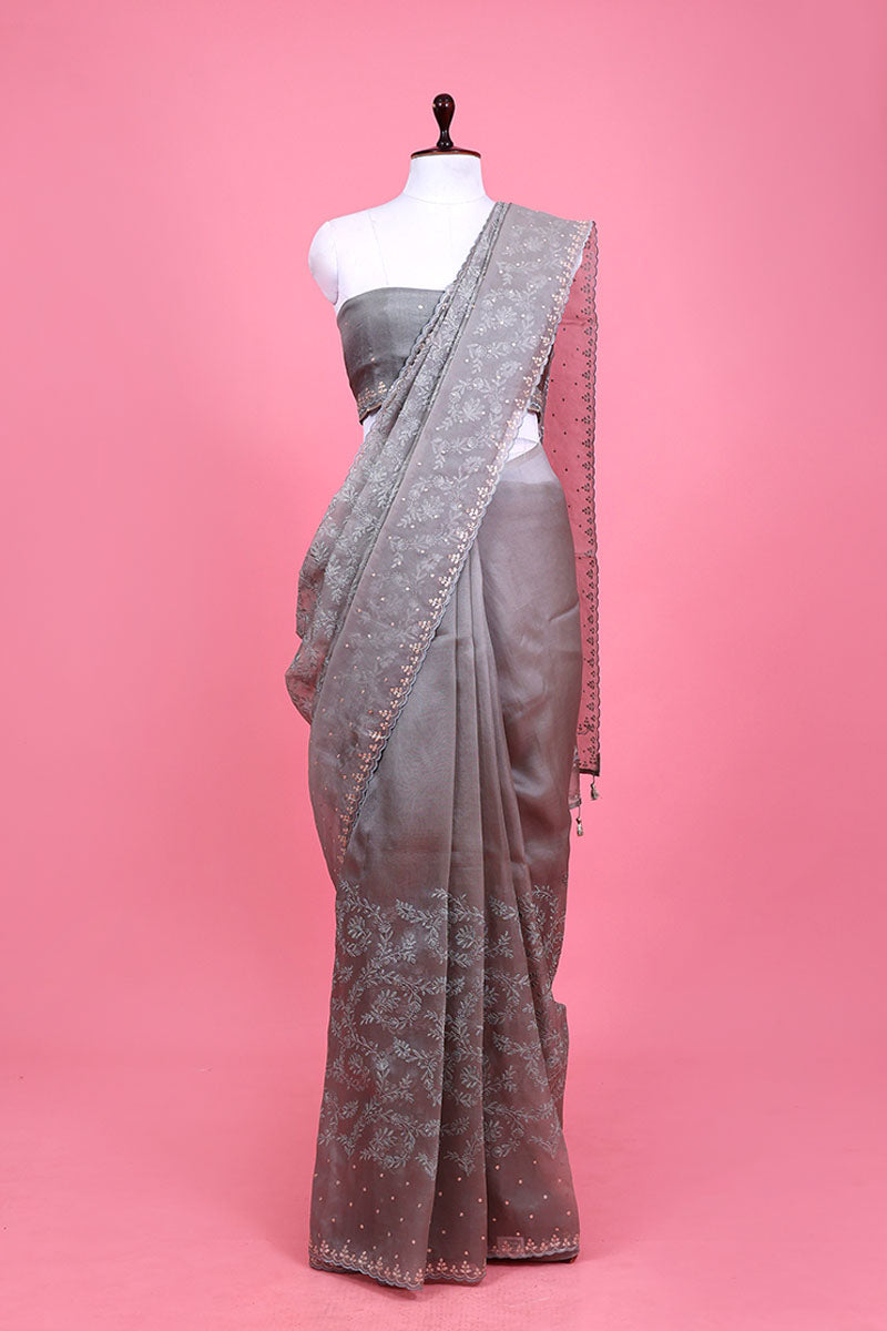 Grey Embellished Organza Silk Saree By Chinaya Banaras