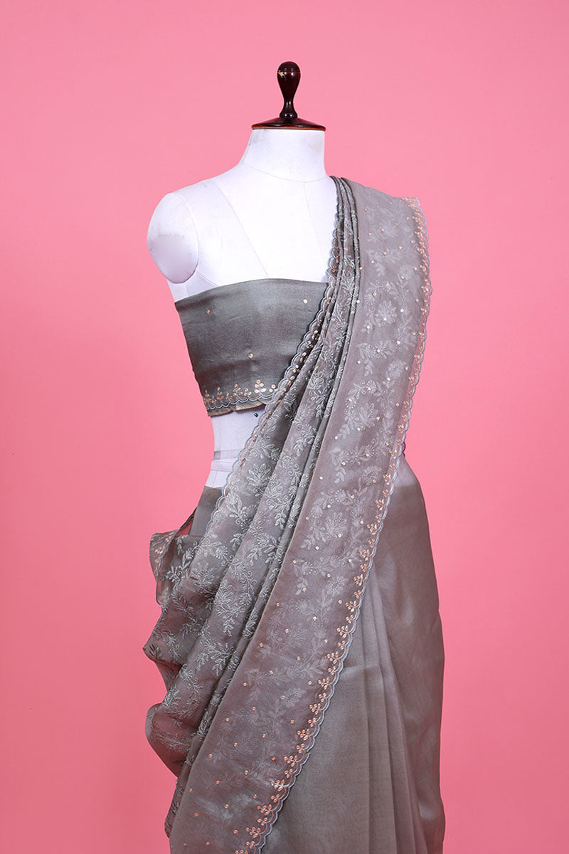 Ash Grey Embellished Organza Silk Saree - Chinaya Banaras