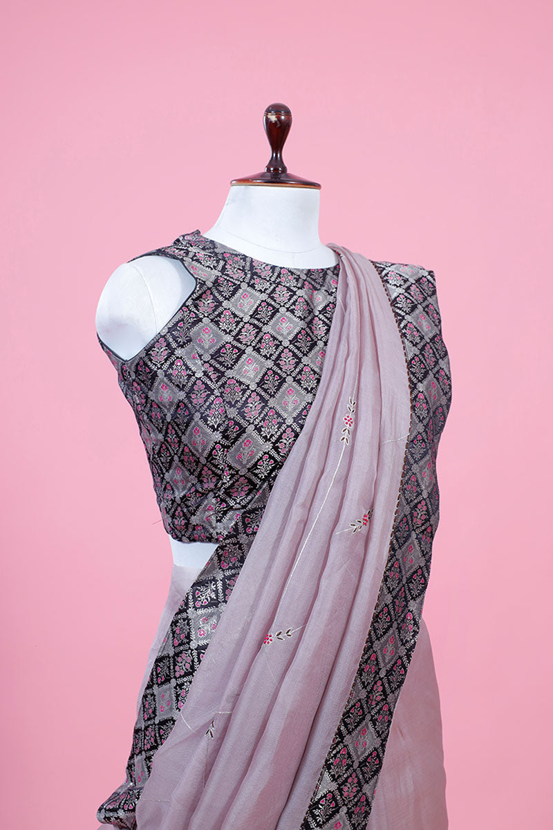 Mauve Embellished Organza Silk Saree With Stitched Blouse