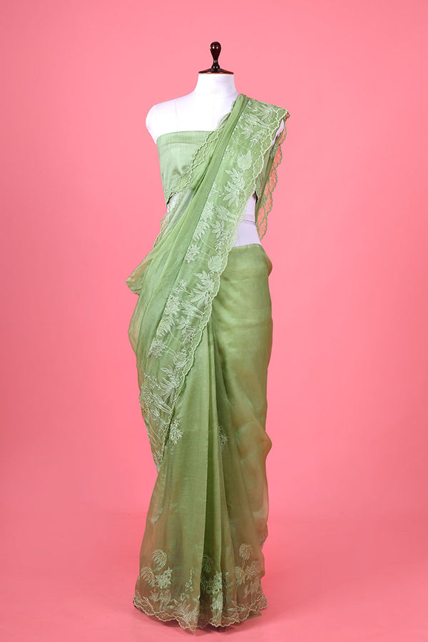 Green Embellished Organza Silk Saree By Chinaya Banaras