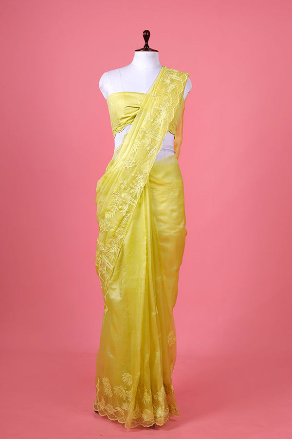 Yellow Embellished Organza Silk Saree By Chinaya Banaras