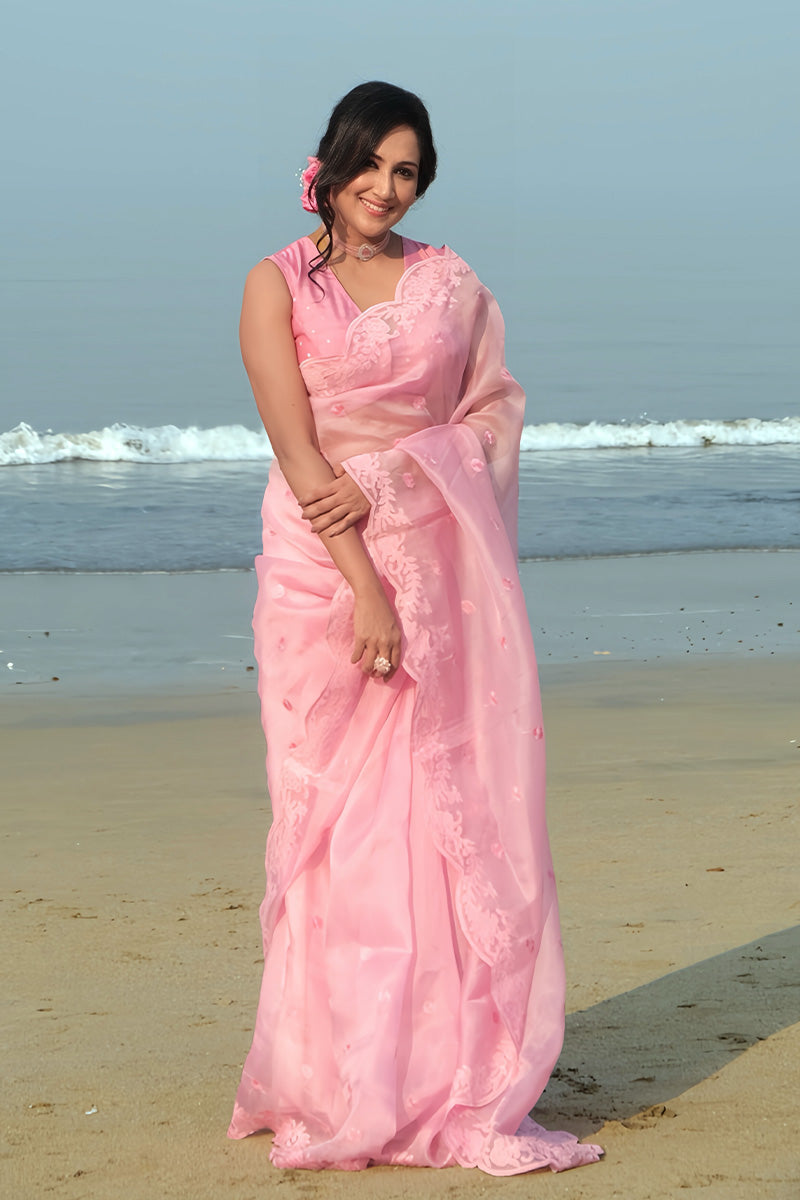 Pink Organza Silk Saree By Chinaya Banaras