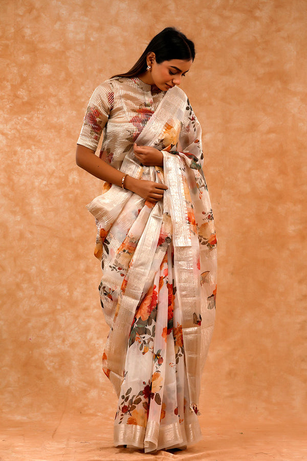 Floral Printed Organza Silk Saree By Chinaya Banaras