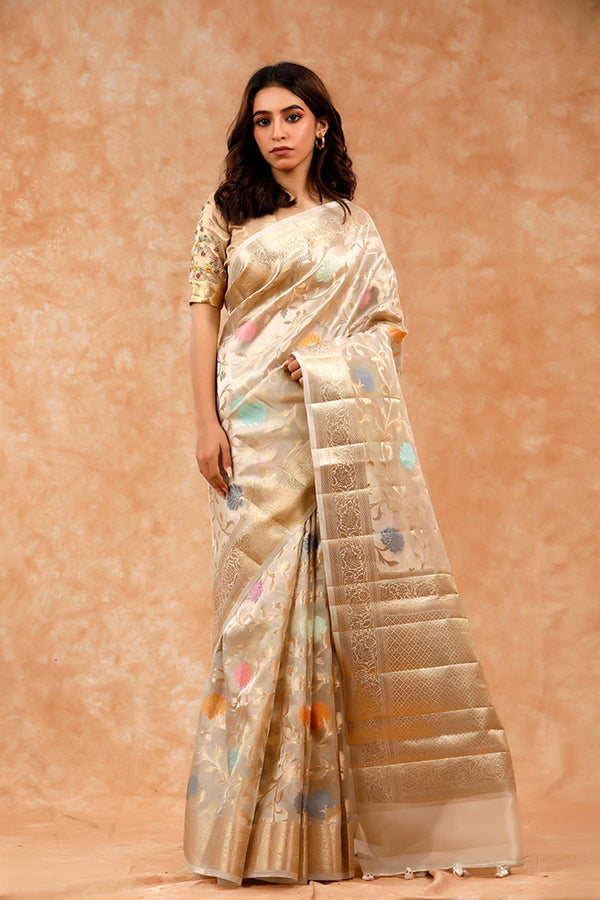White Woven Banarasi Tissue Silk Saree By Chinaya Banaras