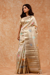 Off White Floral Jaal Woven Banarasi Tissue Silk Saree