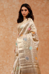 Off White Floral Jaal Woven Banarasi Tissue Silk Saree