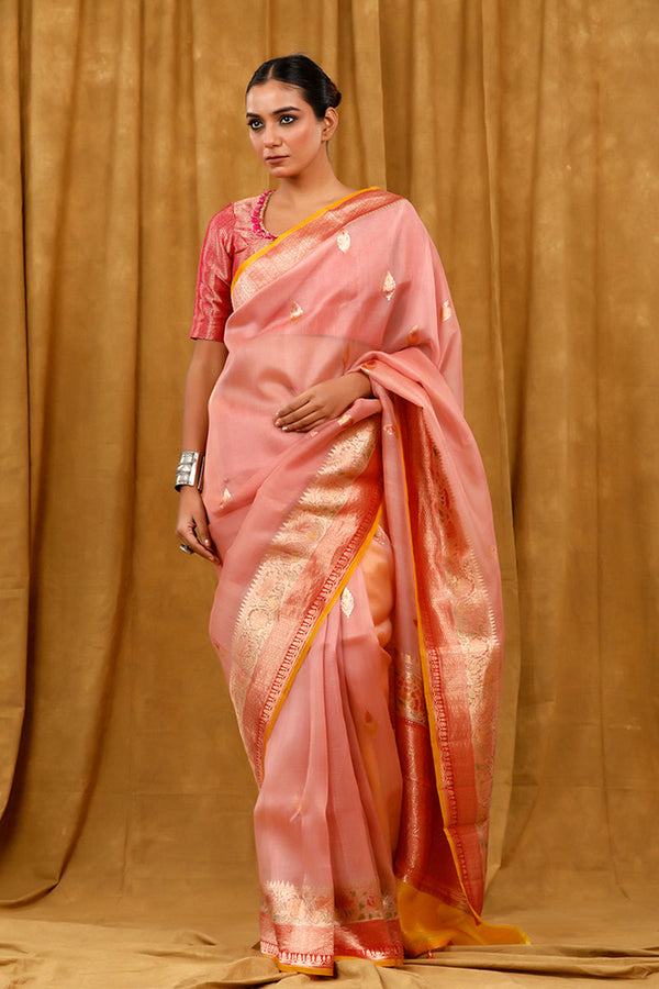 Peach Ethnic Handwoven Organza Silk Saree By Chinaya Banaras