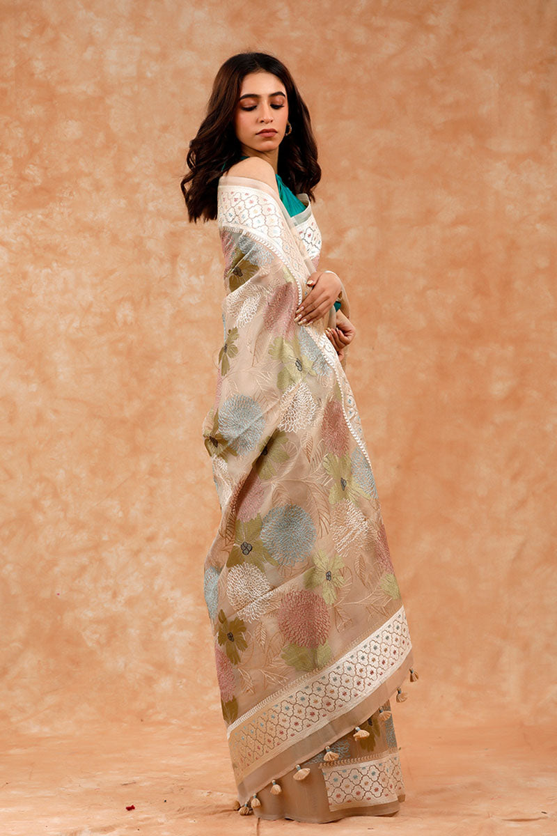 Beige Floral Embroidered Tissue Silk Saree
