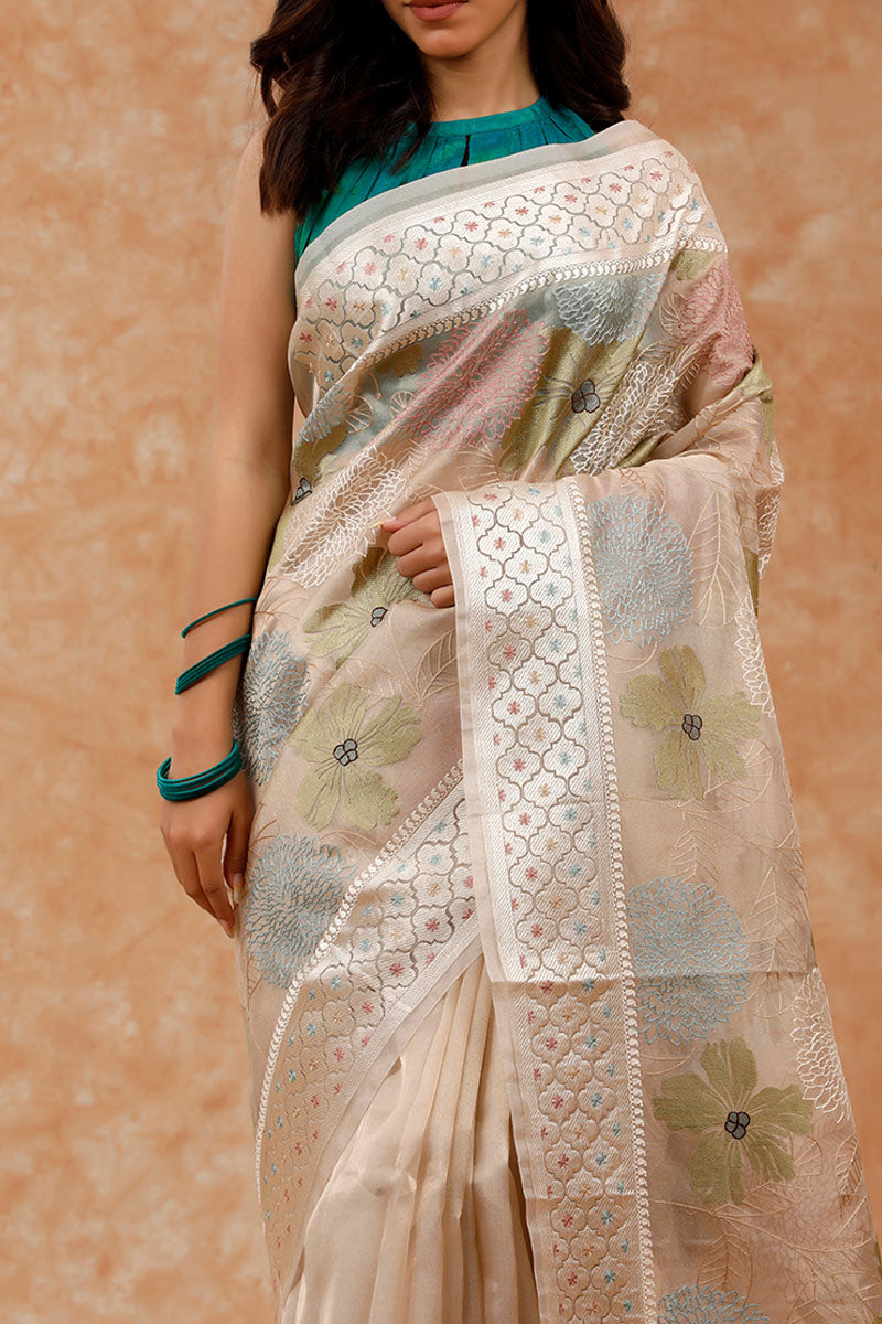 Beige Floral Embroidered Tissue Silk Saree