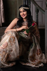 Adah Sharma in Beige Floral Printed Embellished Tissue Silk Saree