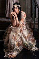 Adah Sharma in Beige Floral Printed Embellished Tissue Silk Saree