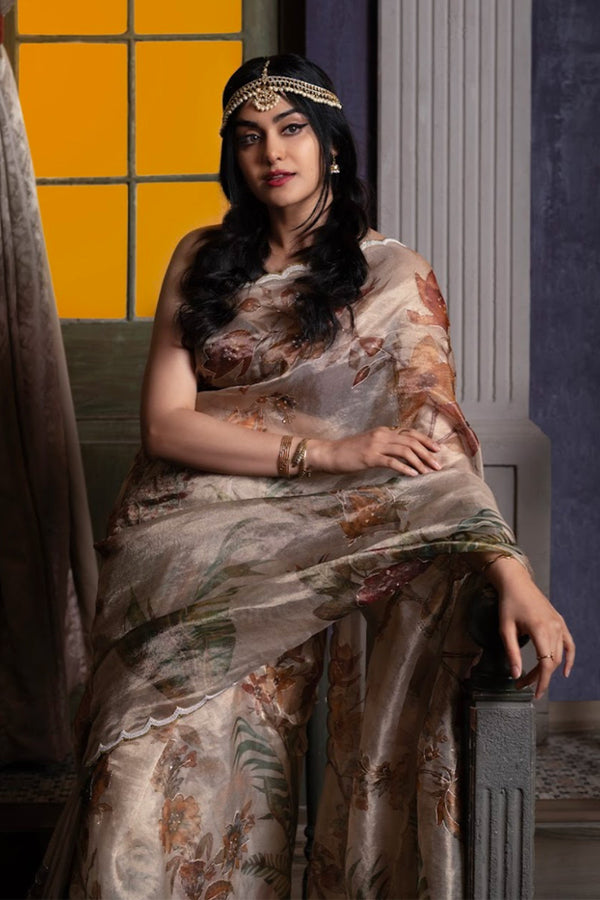 Adah Sharma in Beige Floral Printed Embellished Tissue Silk Saree