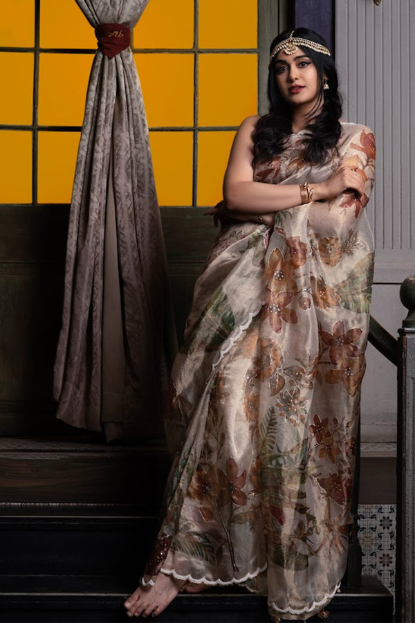 Beige Floral Printed Embellished Tissue Silk Saree for Party/Wedding Wear