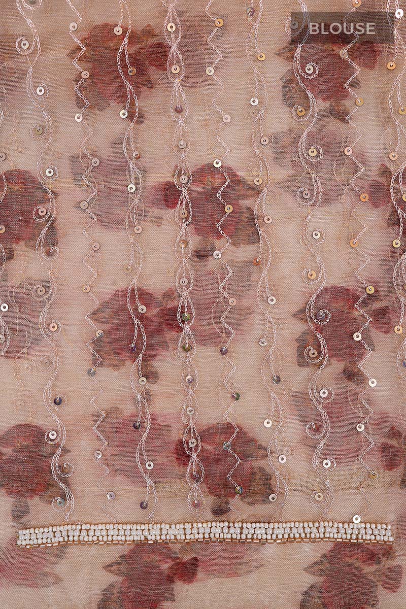 Beige Floral Printed Embellished Tissue Silk Saree