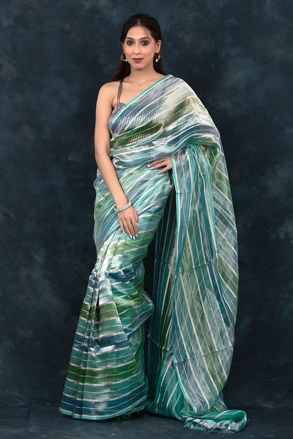 Sea Blue Striped Rangkat Woven Tissue Silk Saree - Chinaya Banaras