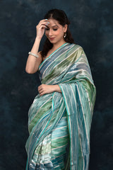 Sea Blue Striped Rangkat Woven Tissue Silk Saree - Chinaya Banaras