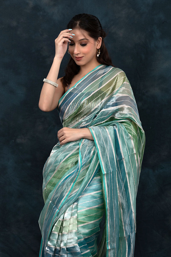 Sea Blue Striped  Rangkat  Woven Tissue Silk Saree