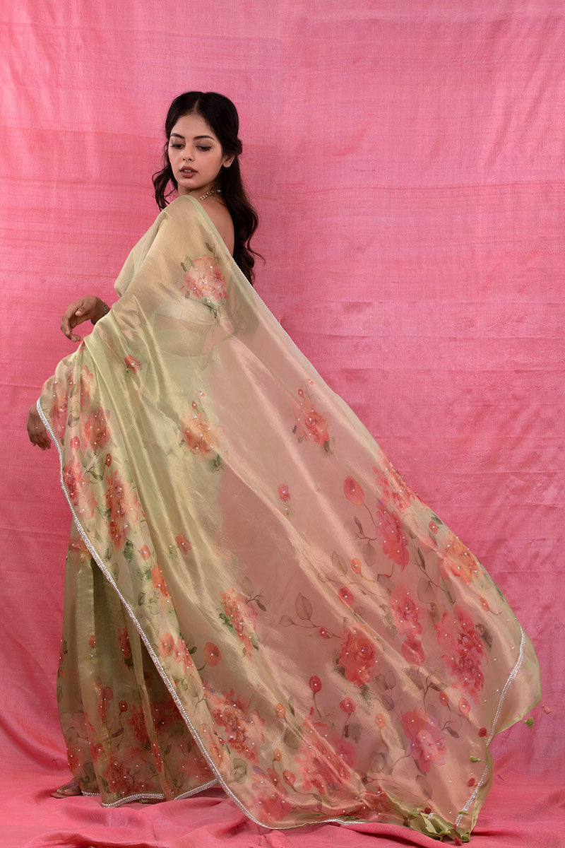 Pastel Mint Green Floral Printed Embellished Tissue Silk Saree - Chinaya Banaras