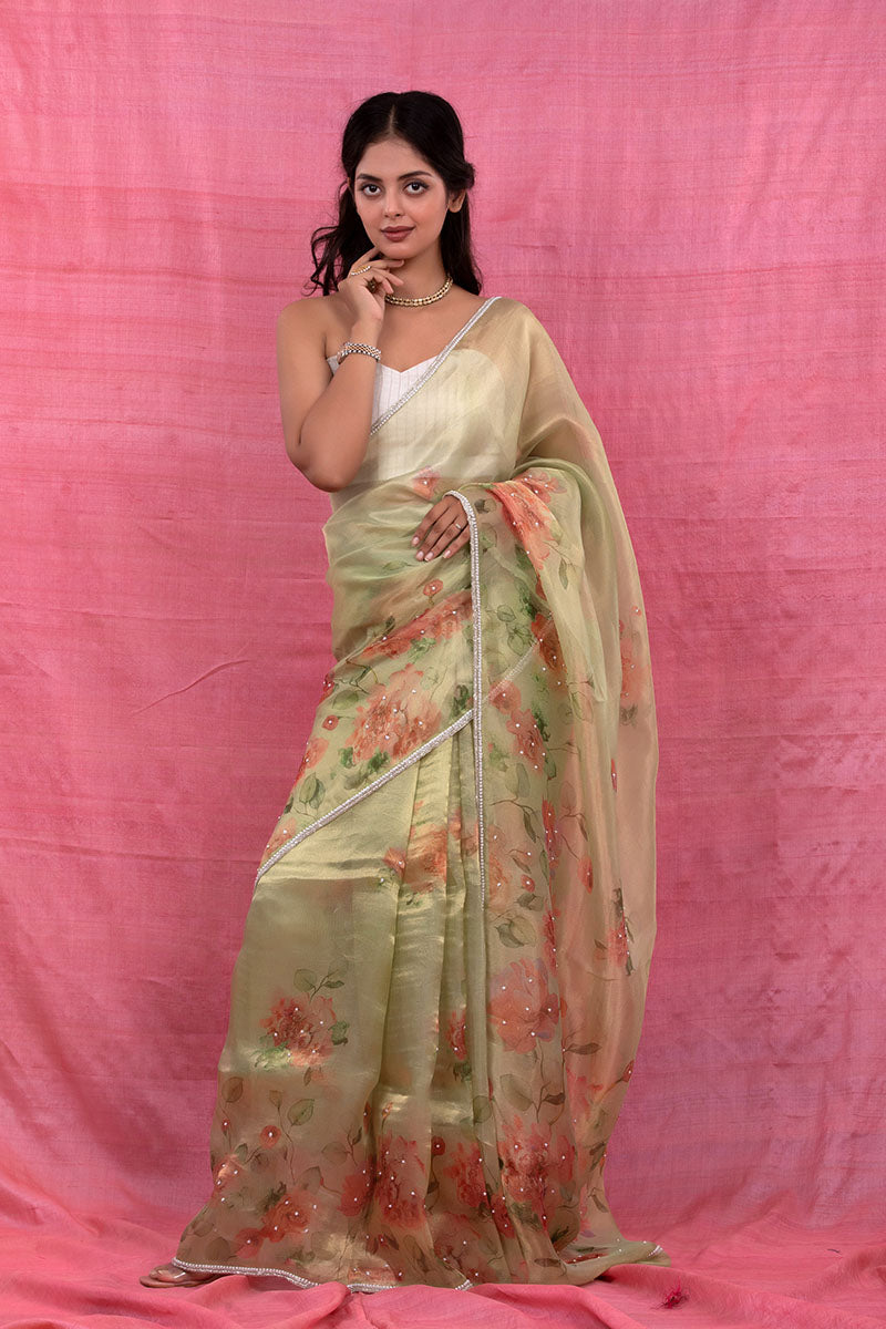 Pastel Mint Green Floral Printed Embellished Tissue Silk Sare