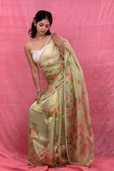 Pastel Mint Green Floral Printed Embellished Tissue Silk Sare