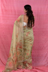 Pastel Mint Green Floral Printed Embellished Tissue Silk Sare