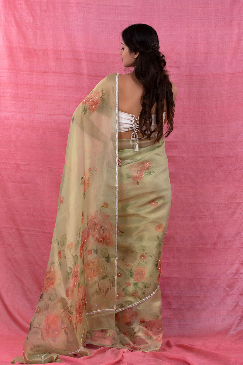 Pastel Mint Green Floral Printed Embellished Tissue Silk Saree - Chinaya Banaras