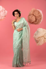 Aqua Blue Embellished Tissue Silk Saree - Chinaya Banaras