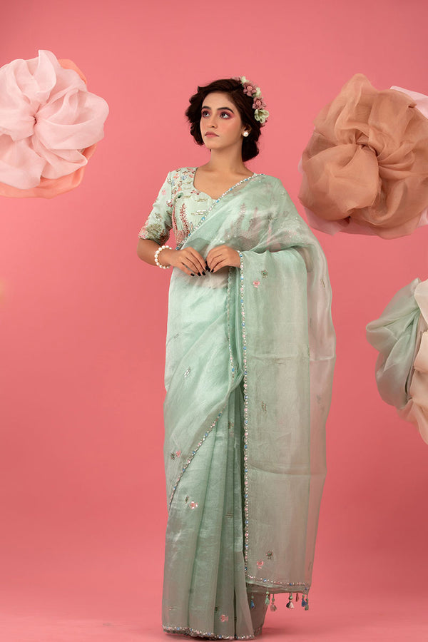 Women in Aqua Blue Tissue Silk Saree at Chinaya Banaras