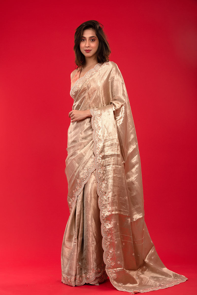 Old Rose Tissue Silk Heavy Embroidered Designer Saree