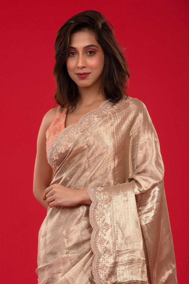 Rose Gold Embellished Tissue Silk Saree