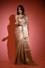 Beige Gold Embellished Tissue Silk Saree - Chinaya Banaras