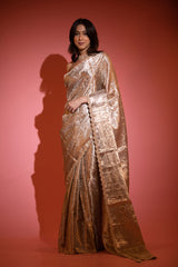 Beige Gold Embellished Tissue Silk Saree - Chinaya Banaras