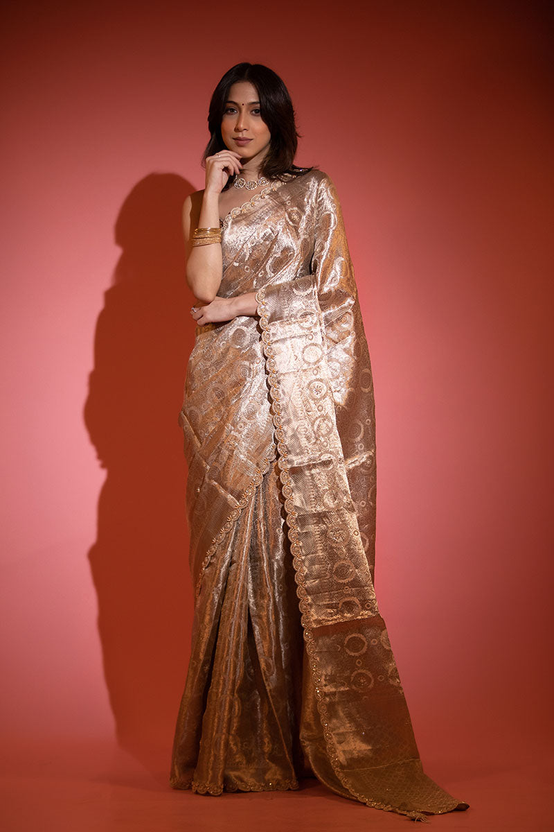Beige Gold Embellished Tissue Silk Saree