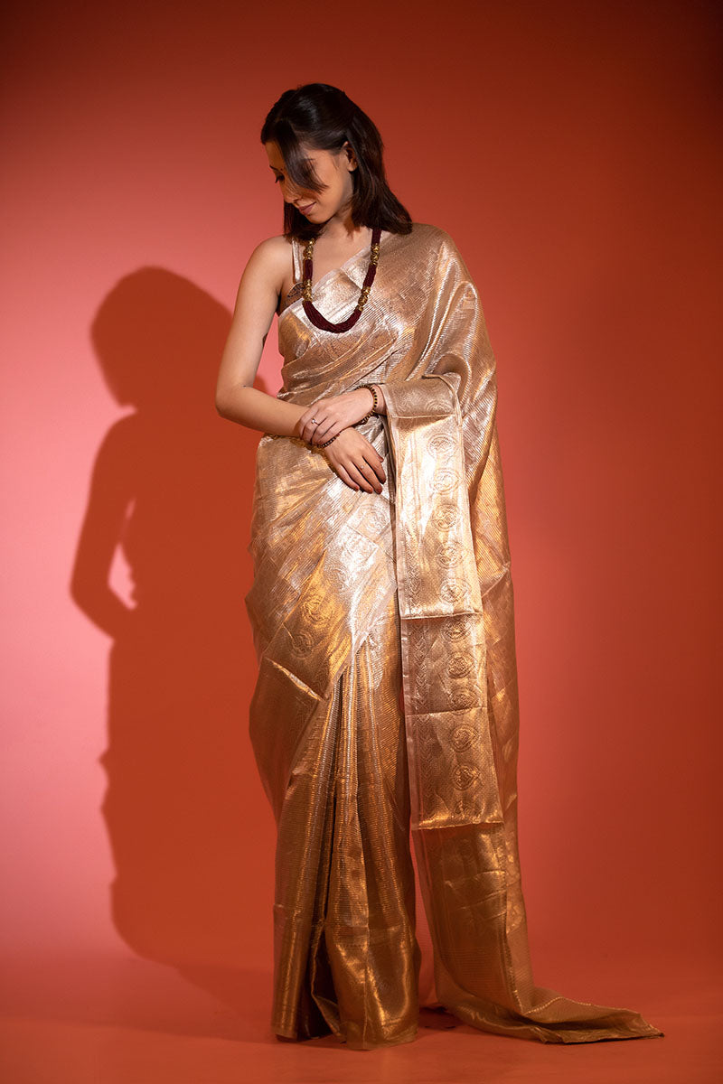 Glittery Gold Handwoven Tissue Silk Saree