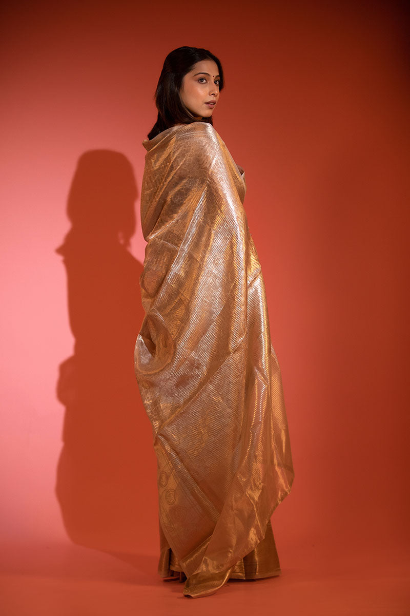 Glittery Gold Handwoven Tissue Silk Saree