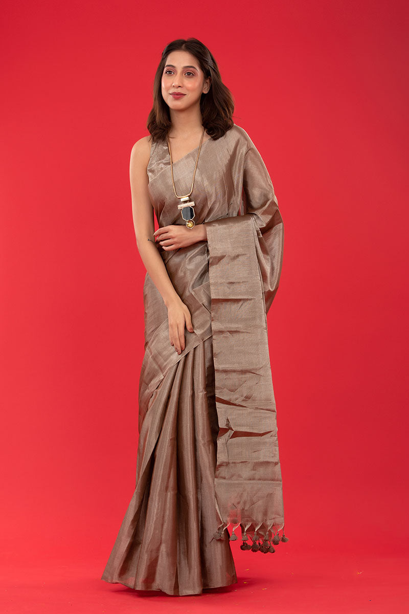 Metallic Grey Woven Tissue Silk Saree