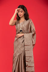 Women in Metallic Grey Woven Tissue Silk Saree at Chinaya Banaras