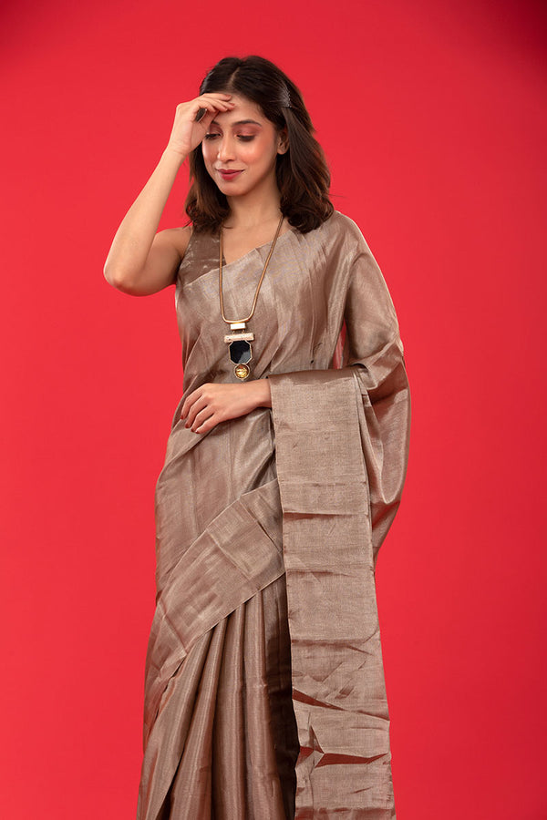 Women in Metallic Grey Woven Tissue Silk Saree at Chinaya Banaras